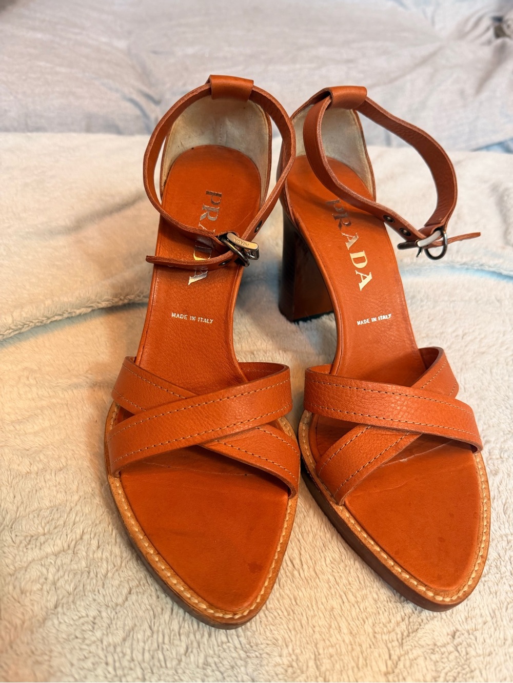 Prada Cognac Leather Crisscross Ankle-Strap Sandals